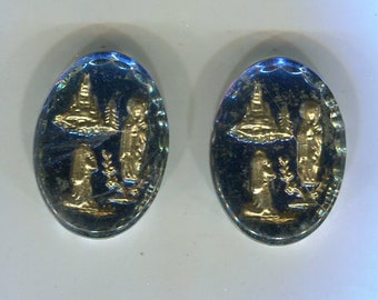 2 cabochon di Boemia Madonna ovale blu iridi + oro 25 x 18 mm