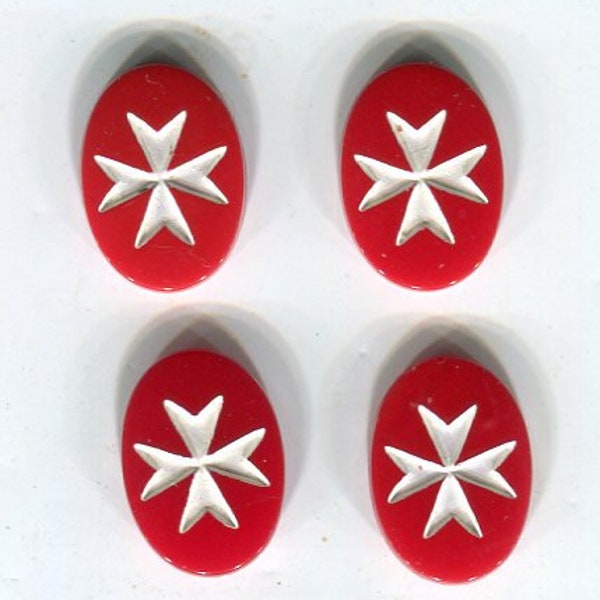 4 Bohemian Motif Cabochon Maltese cross red + white 14 x 10 mm