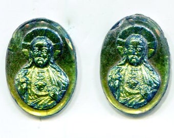 2 Böhmische Bild-Cabochon Jesus 18x13 mm gold iridis