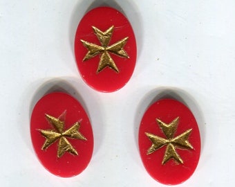 3 böhmische Motiv Cabochon Malteser-Kreuz rot + gold 18x13 mm