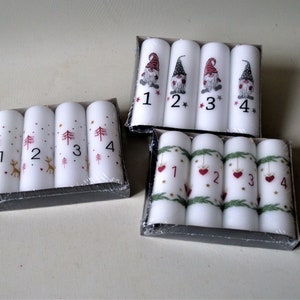 4 Danish Advent candles with numbers, candles with motifs, Advent wreath candles