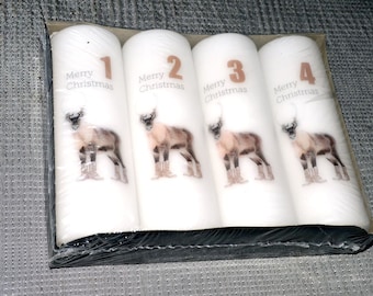 4 Danish calendar candles with reindeer, candles for Christmas, Advent wreath candles,