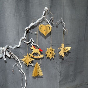 4 étiquettes papier dorées 3D, ange, sapin de Noël, cheval à bascule, étoiles, paper art, étiquette cadeau, mobile papier, étiquette papier