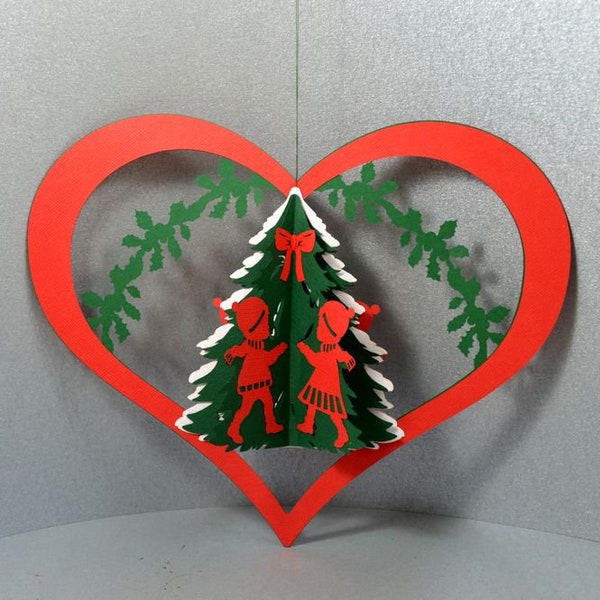 Mobile en papier, coeur avec enfants, art du papier danois, sapin de Noël, enfants, décoration de Noël, décoration de fenêtre,