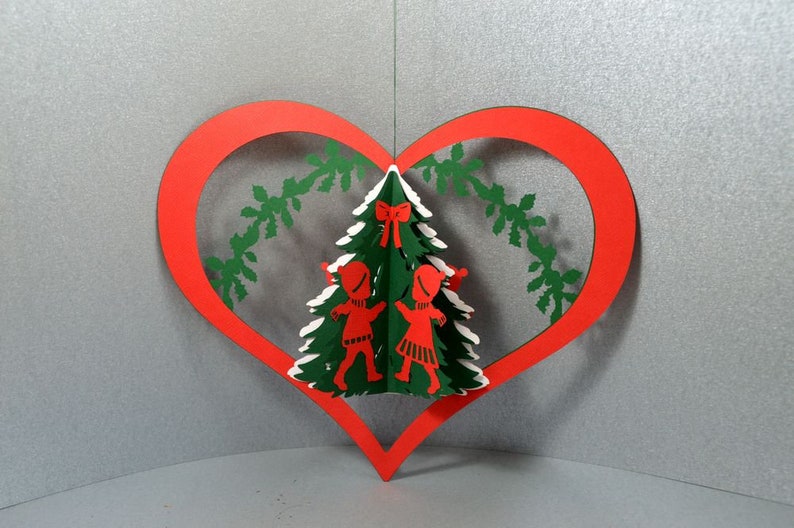 Paper mobile, heart with children, Danish paper art, Christmas tree, children, Christmas decoration, window decoration, image 1