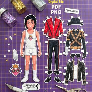 May include: A paper doll set featuring a male figure in a white tank top and shorts, accompanied by various outfits including a red jacket, black military-style jacket, and sequined jacket, plus accessories like a hat, sunglasses, and gloves.
