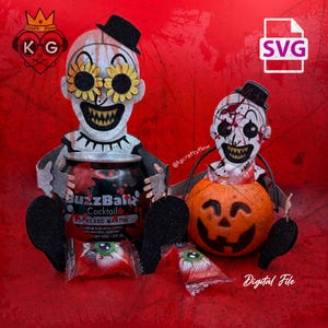 May include: A Halloween-themed digital file featuring two creepy clown figures. One holds a BuzzBallz Espresso Martini can, the other a carved pumpkin. The image includes the text "Digital File" and "SVG" on a red background.