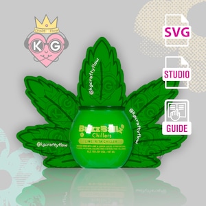 Puede incluir: Botella verde de BuzzBall Chillers Lime Rita Chiller con una etiqueta dorada y texto blanco. La botella está rodeada de hojas verdes y el texto "@kgcraftyflow" es visible en las hojas.