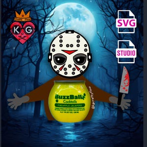 May include: A yellow can of BuzzBall Cocktails Pineapple Jalapeno with a cartoon image of a hockey mask wearing character holding a bloody knife. The background is a dark forest with a full moon.
