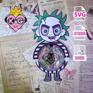 May include: A digital illustration of a cartoon character with green hair and a striped shirt. The character is holding a candy jar with a crown and the letters KG on it. The image is surrounded by vintage paper textures and the text "SVG Studio Guide" is visible in the upper right corner.