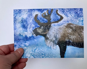 Carte de Noël aquarelle wapiti, carte de voeux art animalier