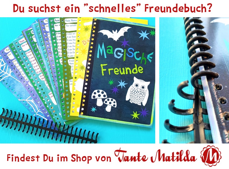 May include: A spiral-bound notebook with the words "Magische Freunde" on the cover, featuring a bat, owl, and mushrooms. Colorful pages with fill-in-the-blank prompts are visible. The text "Du suchst ein schnelles Freundebuch?" is at the top.