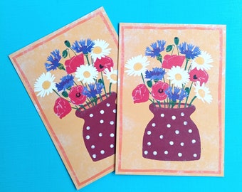 Postkarte Blumenstrauß | Karte Wildblumen in Blumenvase | Sommerdeko Blume | Deko Sommer Blumenstrauß | Geburtstagskarte bunter Blumenstrauß