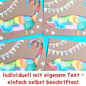 May include: Four greeting cards with colorful chameleon illustrations. Each card features a different banner message, including "Party Invitation" and "Happy Birthday." The cards are on a brown background with white star accents.