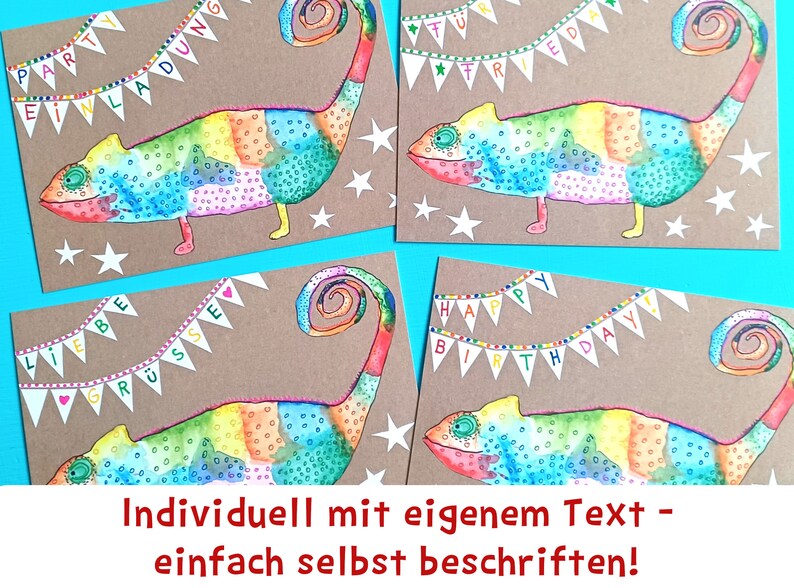 May include: Four greeting cards with colorful chameleon illustrations. Each card features a different banner message, including "Party Invitation" and "Happy Birthday." The cards are on a brown background with white star accents.