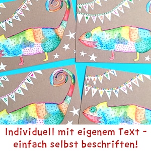May include: Four greeting cards with colorful chameleon illustrations. Each card features a different banner message, including "Party Invitation" and "Happy Birthday." The cards are on a brown background with white star accents.