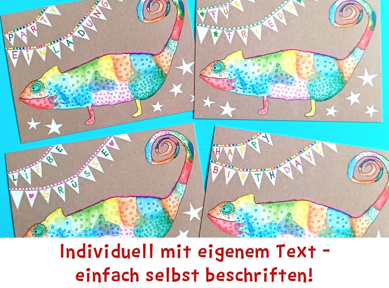 May include: Four greeting cards with colorful chameleon illustrations. Each card features a different banner message, including "Party Invitation" and "Happy Birthday." The cards are on a brown background with white star accents.