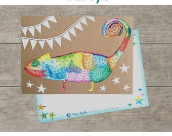 Children's birthday party invitation | Colorful invitation for children's birthdays | Birthday invitation | Chameleon postcard | Rainbow invitation card