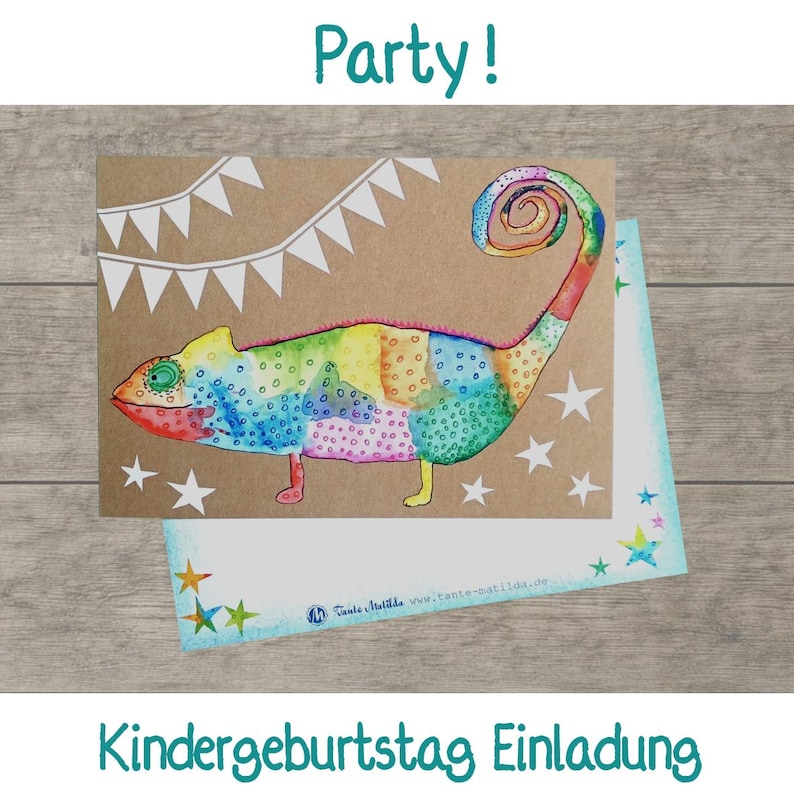 May include: A colorful chameleon illustration on a kraft paper invitation card, with the word "Party!" above. The card features white star accents and a banner design. A second card with a blue border is visible.