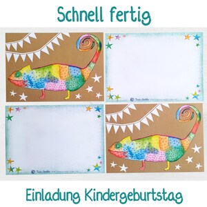 May include: Four invitation cards with a colorful chameleon design. The chameleon is painted with rainbow colors and has a curled tail. The cards have white space for text and are decorated with stars and banners. The text "Schnell fertig" and "Einladung Kindergeburtstag" are also visible.