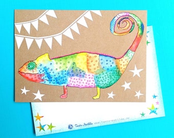 Einladung Regenbogen Kindergeburtstag | Postkarte Chamäleon | lustige bunte Einladungskarte Geburtstag Kinder | Geburtstagseinladung Tiere