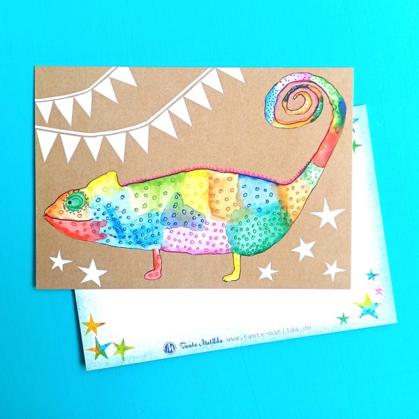 Einladung Regenbogen Kindergeburtstag | Postkarte Chamäleon | lustige bunte Einladungskarte Geburtstag Kinder | Geburtstagseinladung Tiere