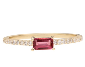 14K Yellow Gold Pink Tourmaline & Diamond Ring-Baguette Tourmaline Ring -Gemstone Ring  Dainty Jewelry
