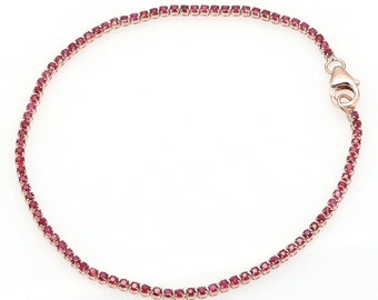 Real Ruby Tennis Bracelet, Solid 18K Rose Gold, Delicate Bridal Bracelet, Thin Ruby Bracelet for Women, 1.5MM Ruby RoseGold Bracelet