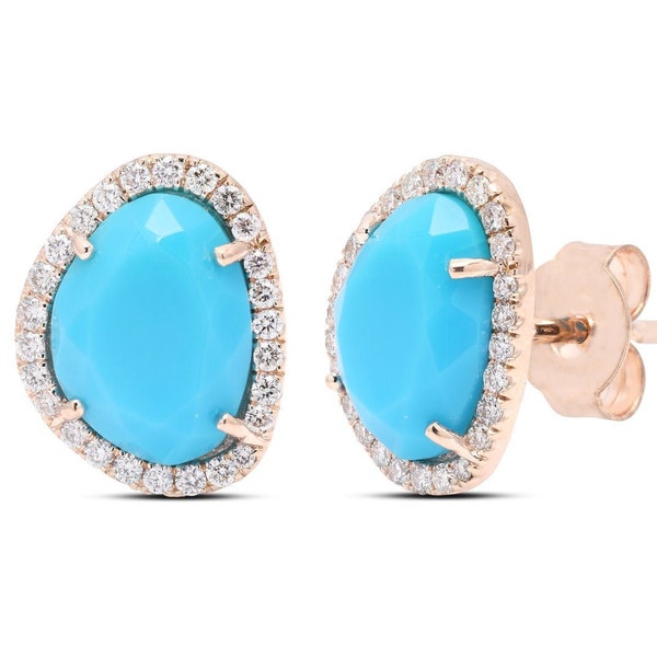 Turquoise & diamond Stud Earrings,  14K SOLID Gold Sleeping Beauty Arizona Turquoise Gemstone Stud Earrings