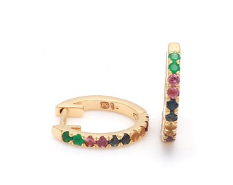 13MM Rainbow Gemstone Huggie Earrings, 14K Gold Multi Colour Huggies, Huggies, Gold Tiny Hoops, Dainty Hoops, Rainbow Eternity Hoop Earrings