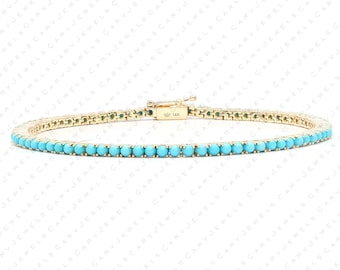 Real 2mm Turquoise cabochon tennis bracelet, solid 14k solid gold, delicate bridal bracelet, thin Turquoise cabochon bracelet for women