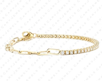 Real 50/50 2mm diamonds tennis & Paperclip chain bracelet, solid 14k solid gold, delicate bridal bracelet, thin diamond bracelet for women