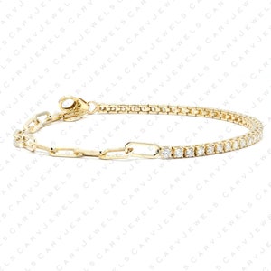 Real 50/50 2mm diamonds tennis & Paperclip chain bracelet, solid 14k solid gold, delicate bridal bracelet, thin diamond bracelet for women