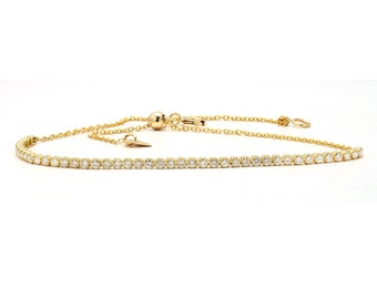 Real diamond tennis interlocking bolo bracelet pull adjustable, solid 18k solid gold, delicate bridal bracelet, 0.65 ct diamond 18k gold