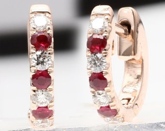 14k solid gold / 10mm Diamond & Ruby hoop earrings / Stone size 1.50mm huggies