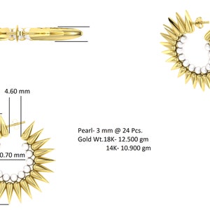 Boucles doreilles Spike en or massif 18K/14K et perles deau douce Stud Earring / Boucle doreille Stud en or massif et perles deau douce 33MM image 3