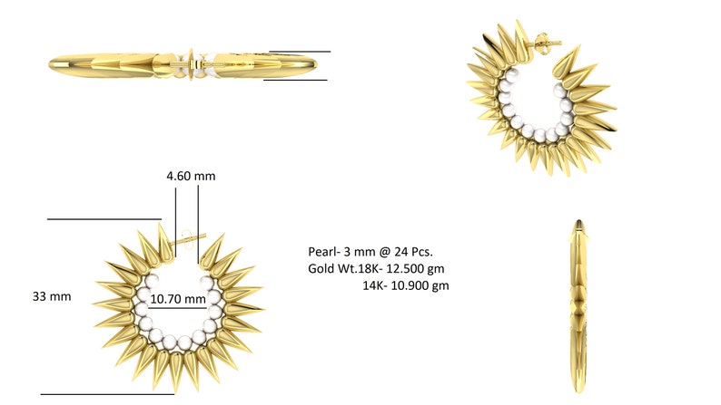 18K/14K Solid Gold and Fresh water pearl Spike Earrings Stud Earring/ Solid Gold and Fresh water pearl Stud Earring 33MM image 3