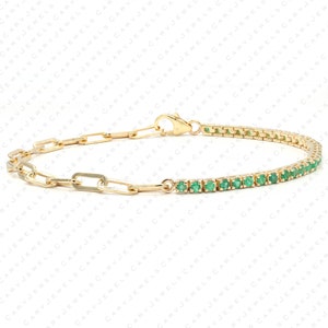 Real 50/50 2mm EMERALD tennis & Paperclip chain bracelet, solid 14k solid gold, delicate bridal bracelet, thin EMERALD bracelet for women