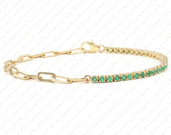 Real 50/50 2mm EMERALD tennis & Paperclip chain bracelet, solid 14k solid gold, delicate bridal bracelet, thin EMERALD bracelet for women