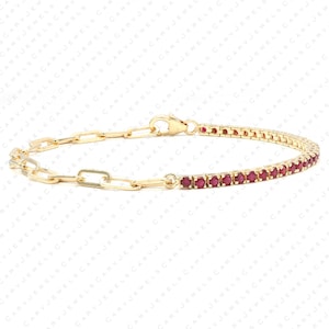Real 50/50 2mm RUBY tennis & Paperclip chain bracelet, solid 14k solid gold, delicate bridal bracelet, thin RUBY bracelet for women