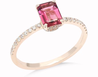 14k Yellow gold Pink tourmaline & Diamond  Ring -emerald shaped -gemstone ring  dainty jewelry