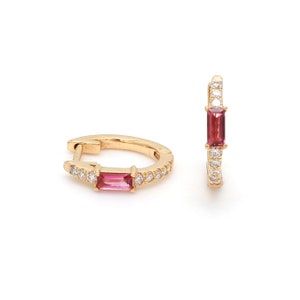 Baguette pink tourmaline huggies / 14kgold  gemstone baguette earrings | gemstone baguette hoop huggie earrings.