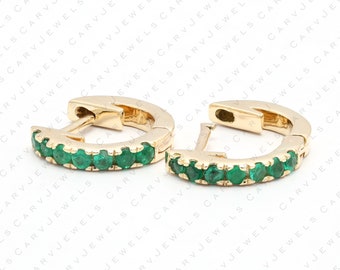 11mm  Emerald gemstone huggie earrings, 14k gold Emerald huggies, dainty hoops,  eternity hoop earrings