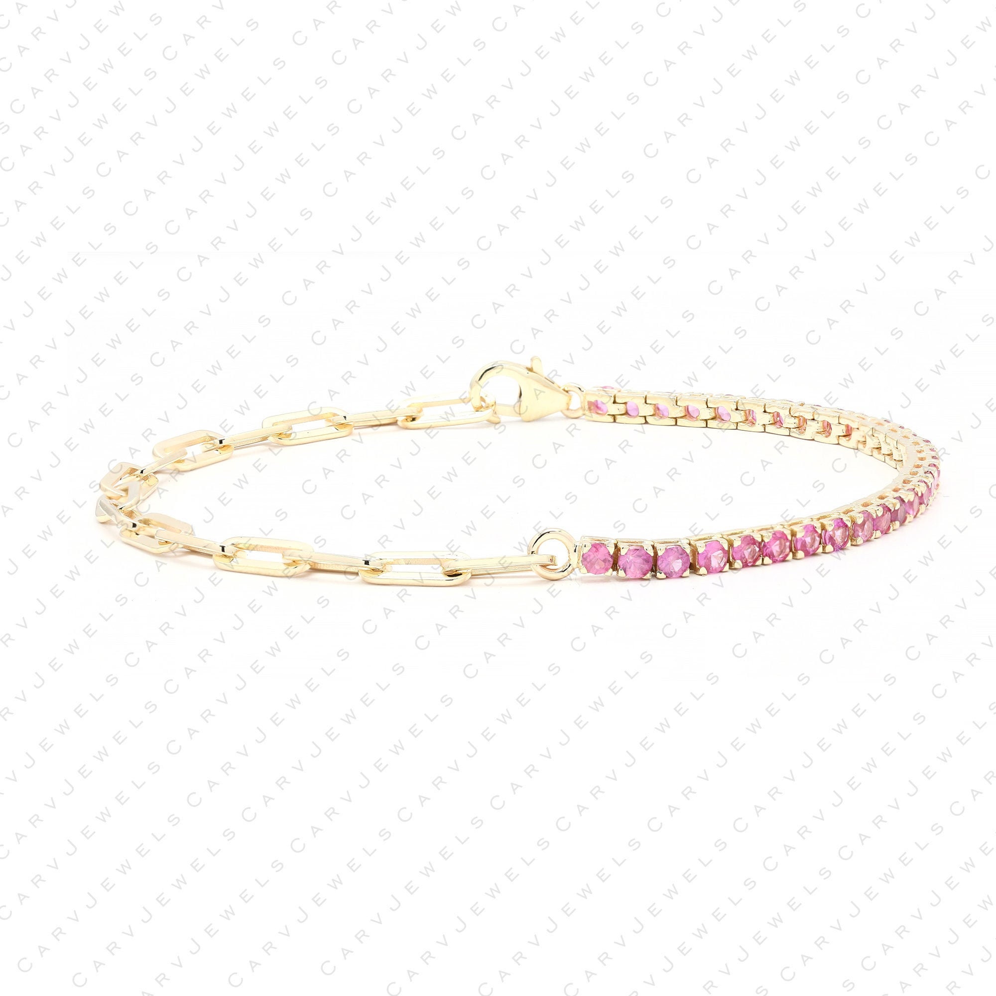Real 50/50 2mm PINKSAPPHIRE tennis & Paperclip chain bracelet, solid 14k solid gold, thin PINK SAPPHIRE bracelet for women