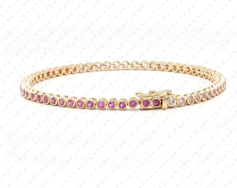 Real 2mm Pink Sapphire tennis bracelet, solid 14k solid gold, delicate bridal bracelet, thin Pink Sapphire bracelet for women