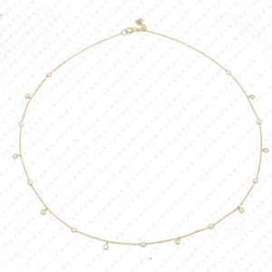 14K Yellow Gold 16 Inches 2MM  Natural Diamond 17 Station Necklace 0.60ct diamond .