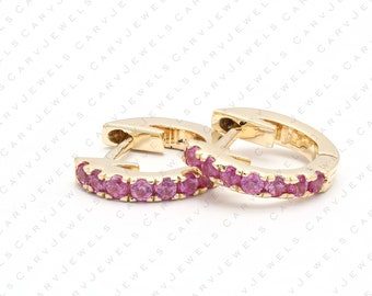 11mm  Pink Sapphire gemstone huggie earrings, 14k gold Pink Sapphire huggies, dainty hoops,  eternity hoop earrings