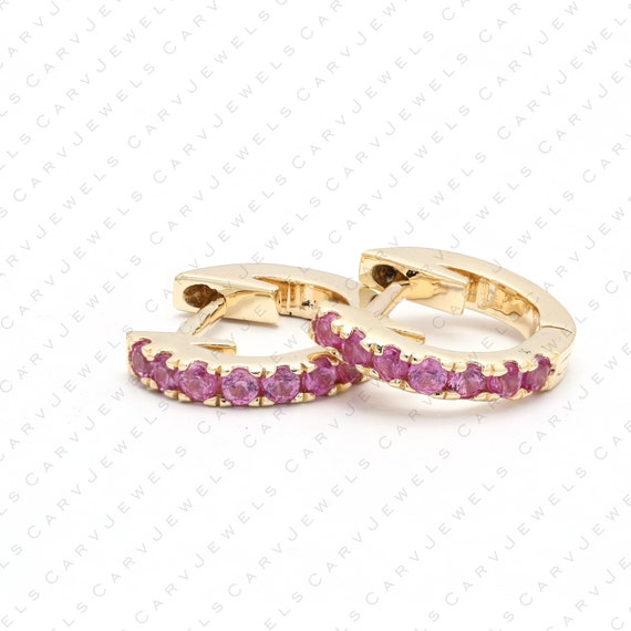 11mm Pink Sapphire Gemstone Huggie Earrings 14k Gold Pink