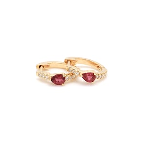 Pear pink tourmaline 13mm huggies / 14kgold gemstone  earrings | gemstone & diamond hoop huggie earrings.