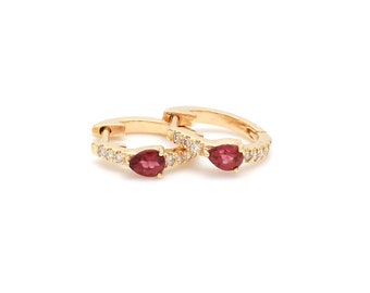 Pear pink tourmaline 13mm huggies / 14kgold gemstone  earrings | gemstone & diamond hoop huggie earrings.